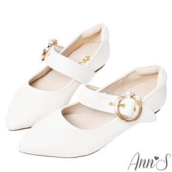 Ann’S奶油甜心-訂製珍珠圓扣瑪莉珍全真皮平底鞋-米白