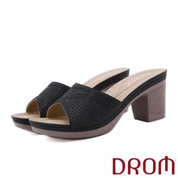 【drom】拖鞋 高跟拖鞋/細緻華麗燙鑽時尚防水台高跟拖鞋 黑