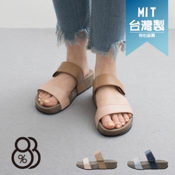 【88%】MIT台灣製 前1.5後6.5cm拖鞋 撞色寬帶百搭 皮革楔型厚底圓頭涼拖鞋 魔鬼氈