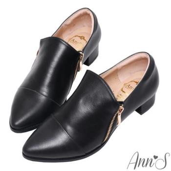 Ann’S復古風格2.0-雙拉鍊綿羊皮全真皮牛津便鞋-黑