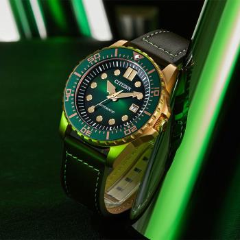 CITIZEN 星辰 綠水鬼風格皮帶機械錶(NJ0173-18X)
