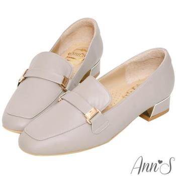 Ann’S超柔軟綿羊皮-微方頭訂製扣帶金屬粗跟樂福鞋-灰