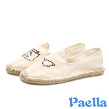 【Paella】休閒鞋 草編休閒鞋/時尚經典純色帆布刺繡草編休閒鞋 眼鏡白