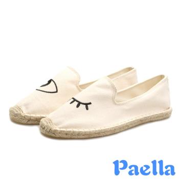 【Paella】休閒鞋 草編休閒鞋/時尚經典純色帆布刺繡草編休閒鞋眼睛白