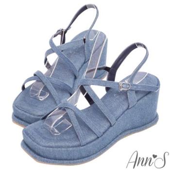 Ann’S美圖厚底系列-雙交叉方頭涼鞋-7.5cm-牛仔藍