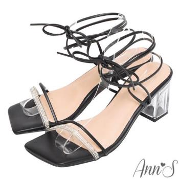 Ann’S夏日玻璃鞋-透明碎鑽一字綁帶粗跟方頭涼鞋-7.5cm-黑