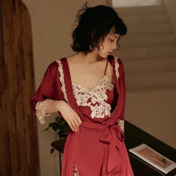 女人香 法式優雅宮廷風 奢華刺繡絲綢睡袍浴袍居家服睡裙-4件式-酒紅