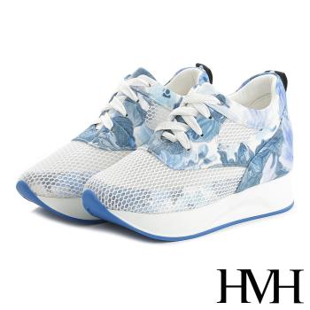 【HMH】休閒鞋 內增高休閒鞋/繽紛花彩網紗拼接時尚內增高休閒鞋 B款網面藍