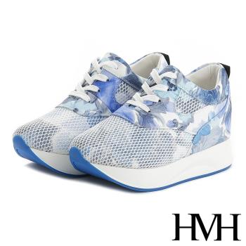 【HMH】休閒鞋 內增高休閒鞋/繽紛花彩網紗拼接時尚內增高休閒鞋 D款拼接藍