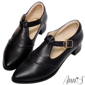 Ann’S復古80年代-頂級全真皮T字扣帶雕花牛津鞋-黑