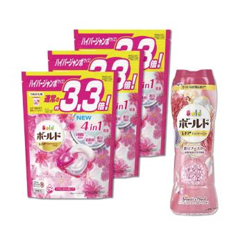 日本P&G Bold 4D炭酸機能強洗淨柔軟花香洗衣凝膠球39顆x3袋+衣物芳香顆粒香香豆520mlx1罐 -牡丹花香