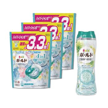 日本P&G Bold 4D炭酸機能強洗淨柔軟花香洗衣凝膠球39顆x3袋+衣物芳香顆粒香香豆520mlx1罐 -白葉花香