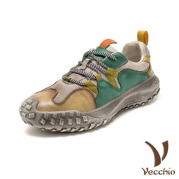 【VECCHIO】運動鞋 休閒運動鞋/真皮頭層牛皮彩色撞色色塊拼接舒適休閒運動鞋 米