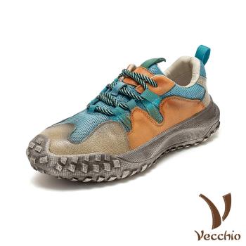 【VECCHIO】運動鞋 休閒運動鞋/真皮頭層牛皮彩色撞色色塊拼接舒適休閒運動鞋 藍