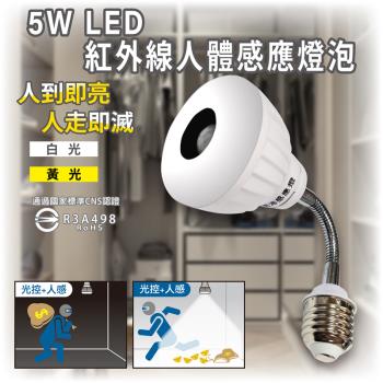 ［明沛］5W LED紅外線人體感應燈泡(彎管E27銅頭型)-E27螺旋銅頭設計 旋上即用-白光 黃光可選-MP4879