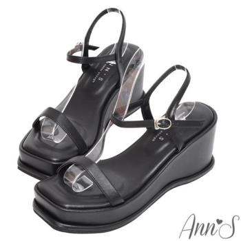 Ann’S美圖厚底系列-一字帶側V口方頭涼鞋-7.5cm-黑