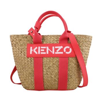 KENZO 簡約LOGO草編織布款兩用托特包.桃邊