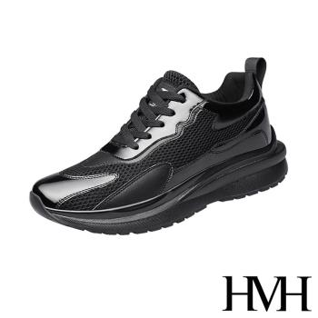 【HMH】運動鞋 休閒運動鞋 /潮流亮皮網布拼接內增高設計休閒運動鞋 -男鞋 黑