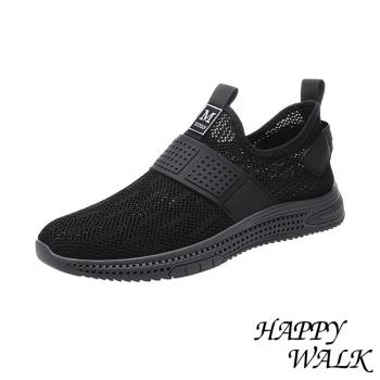 【HAPPY WALK】健走鞋 休閒健走鞋 /舒適透氣網面飛織休閒健走鞋 -男鞋 黑