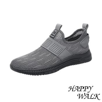 【HAPPY WALK】健走鞋 休閒健走鞋 /舒適透氣網面飛織休閒健走鞋 -男鞋 灰