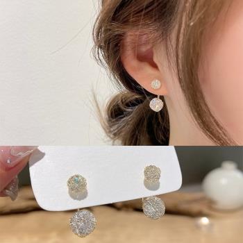 【Emi艾迷】韓系粼粼金紗鋯石微鑲上下925銀針耳環