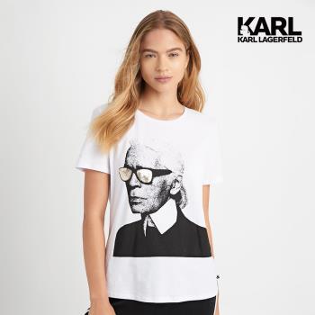 【KARL LAGERFELD 卡爾】KARL素描亮片墨鏡人像T恤-白(原廠公司貨)                 