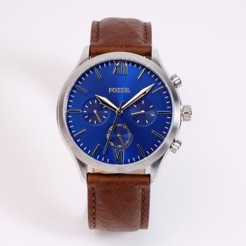 FOSSIL 美國最受歡迎頂尖運動時尚三眼造型皮革腕錶-藍+咖啡-BQ2697