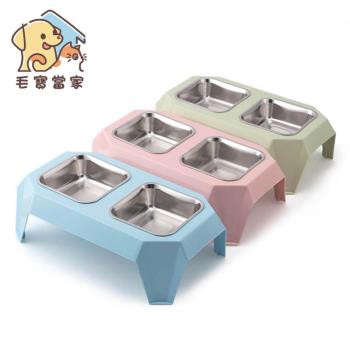 (毛寶當家)寵物高架不銹鋼方形雙碗 飼料碗 水碗 寵物餐具