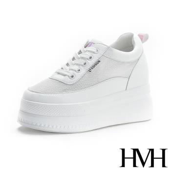 【HMH】休閒鞋 厚底休閒鞋 /舒適真皮網面拼接透氣內增高粉色鐳射帶厚底休閒鞋 白