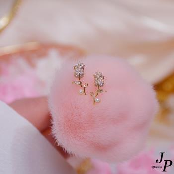           【Jpqueen】浪漫玫瑰小巧珍珠鑲鑽耳環(金色)                  