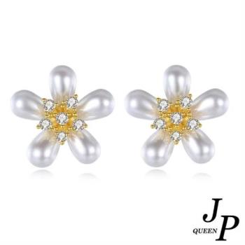           【Jpqueen】天然淡水珍珠花朵閃亮鋯石耳環(白金色)                  