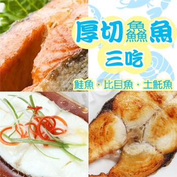 【賣魚的家】厚切鱻魚三吃超值組9片組 (鮭魚3+比目魚3+土魠3)