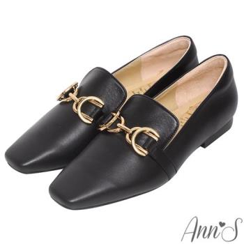 Ann’S超柔軟綿羊皮-精品古銅金扣顯瘦小方頭平底鞋-黑