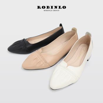 Robinlo法式芭蕾抓皺V領真皮尖頭粗跟鞋BRENDA-蜜桃奶杏/法式黑/奶油白