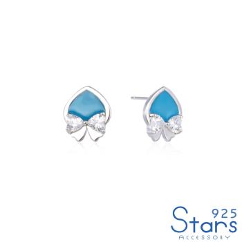 【925 STARS】純銀925藍色桃心美鑽蝴蝶結造型耳釘 造型耳釘 美鑽耳釘