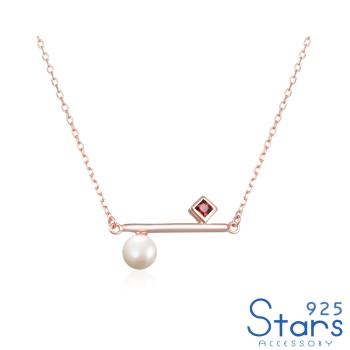 【925 STARS】純銀925一字幾何方鑽水晶珍珠項鍊 造型項鍊 美鑽項鍊 珍珠項鍊
