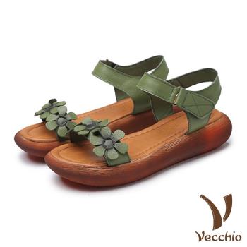 【Vecchio】涼鞋 厚底涼鞋/真皮頭層牛皮一字帶小花厚底涼鞋 綠