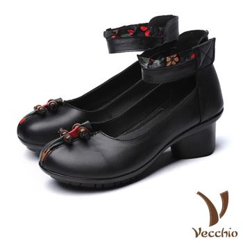 【Vecchio】跟鞋 粗跟鞋/真皮頭層牛皮中國風立體珠飾魔鬼粘繫帶粗跟鞋 黑