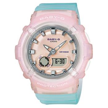 CASIO 卡西歐 Baby-G LA街頭設計 金屬光感 半透明 雙顯手錶-淺粉x湖水藍 (BGA-280-4A3)