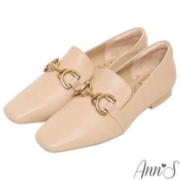 Ann’S超柔軟綿羊皮-精品古銅金扣顯瘦小方頭平底鞋-杏
