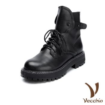 【VECCHIO】馬丁靴 真皮馬丁靴/全真皮頭層牛皮百搭復古英倫風皮帶釦飾拼接造型馬丁靴 黑