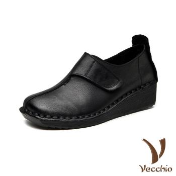 【VECCHIO】休閒鞋 坡跟休閒鞋/真皮頭層牛皮復古魔鬼粘拼接造型舒適坡跟休閒鞋 黑