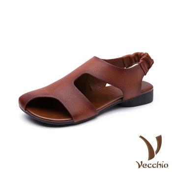 【VECCHIO】涼鞋 羅馬涼鞋/真皮頭層牛皮不規則挖空造型個性低跟羅馬涼鞋 棕