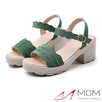 【MOM】涼鞋 粗跟涼鞋/甜美花邊翻絨皮革百搭粗跟涼鞋 綠