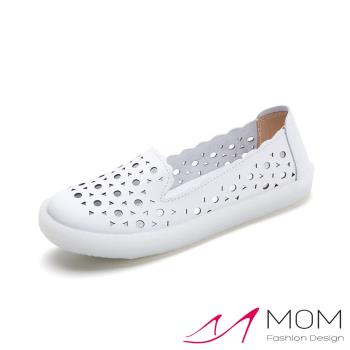 【MOM】樂福鞋 平底樂福鞋/真皮幾何縷空透氣舒適平底樂福鞋 白