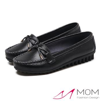 【MOM】豆豆鞋 真皮豆豆鞋/真皮甜美蝴蝶結綁帶造型舒適軟底豆豆鞋 黑