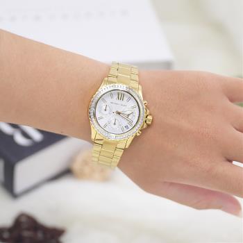 MICHAEL KORS MK7212 水晶鑽框三眼計時時尚腕錶.金 35mm