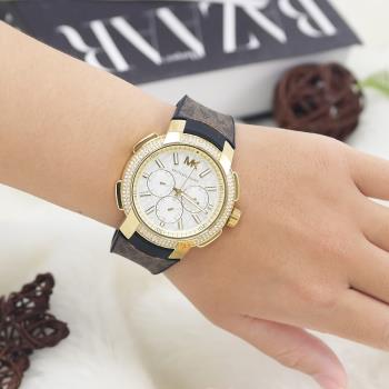 MICHAEL KORS MK6948 輕奢水鑽三眼大錶框時尚腕錶.深咖/金 42mm