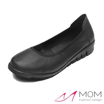【MOM】單鞋 平底單鞋/真皮頭層牛皮淺口圓頭舒適平底單鞋 黑
