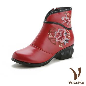 【VECCHIO】短靴 粗跟短靴/真皮頭層牛皮撞色滾邊中國風花朵刺繡粗跟短靴 紅